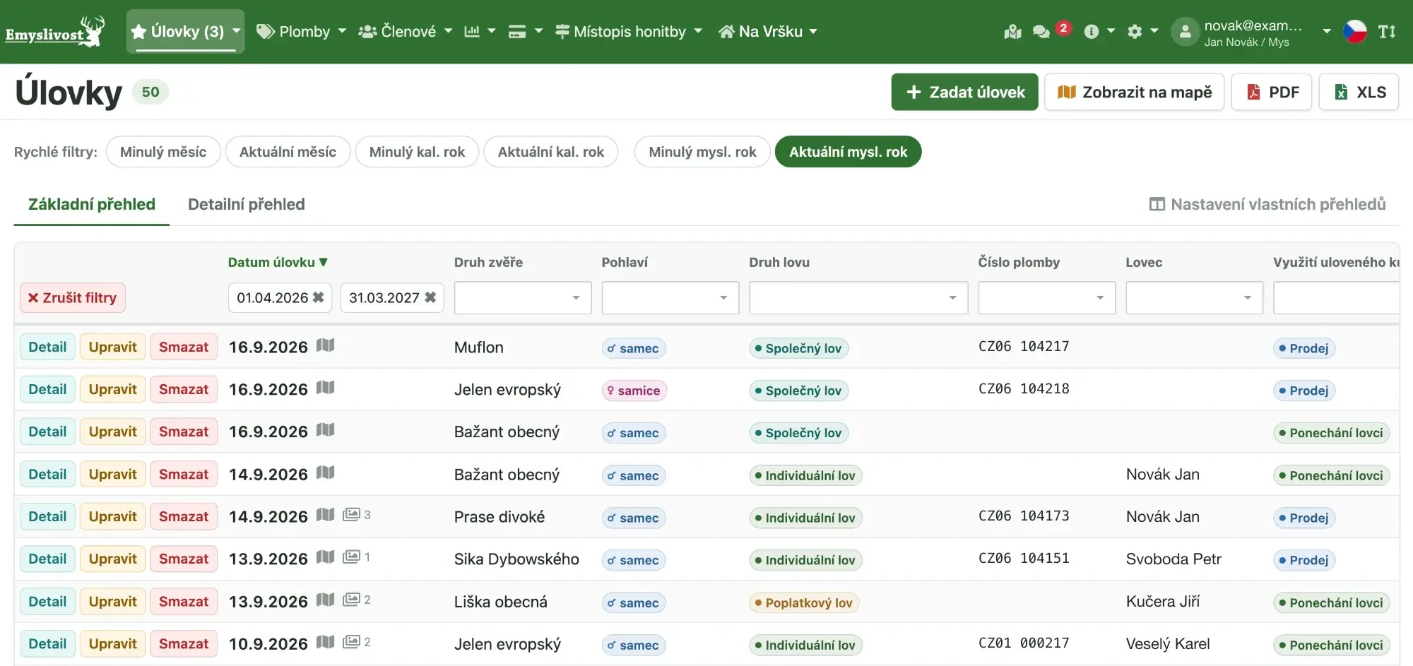 List of catches in the Emyslivost web application with filters and hunt type labels