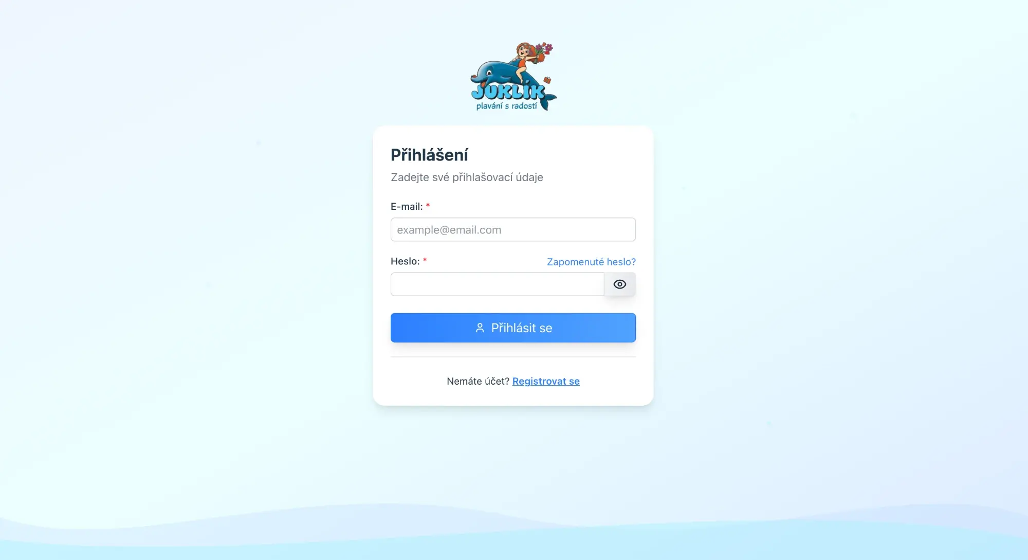 Login screen of the Juklík web application: the swimming school logo, e-mail and password fields, a forgotten-password link and a Log in button