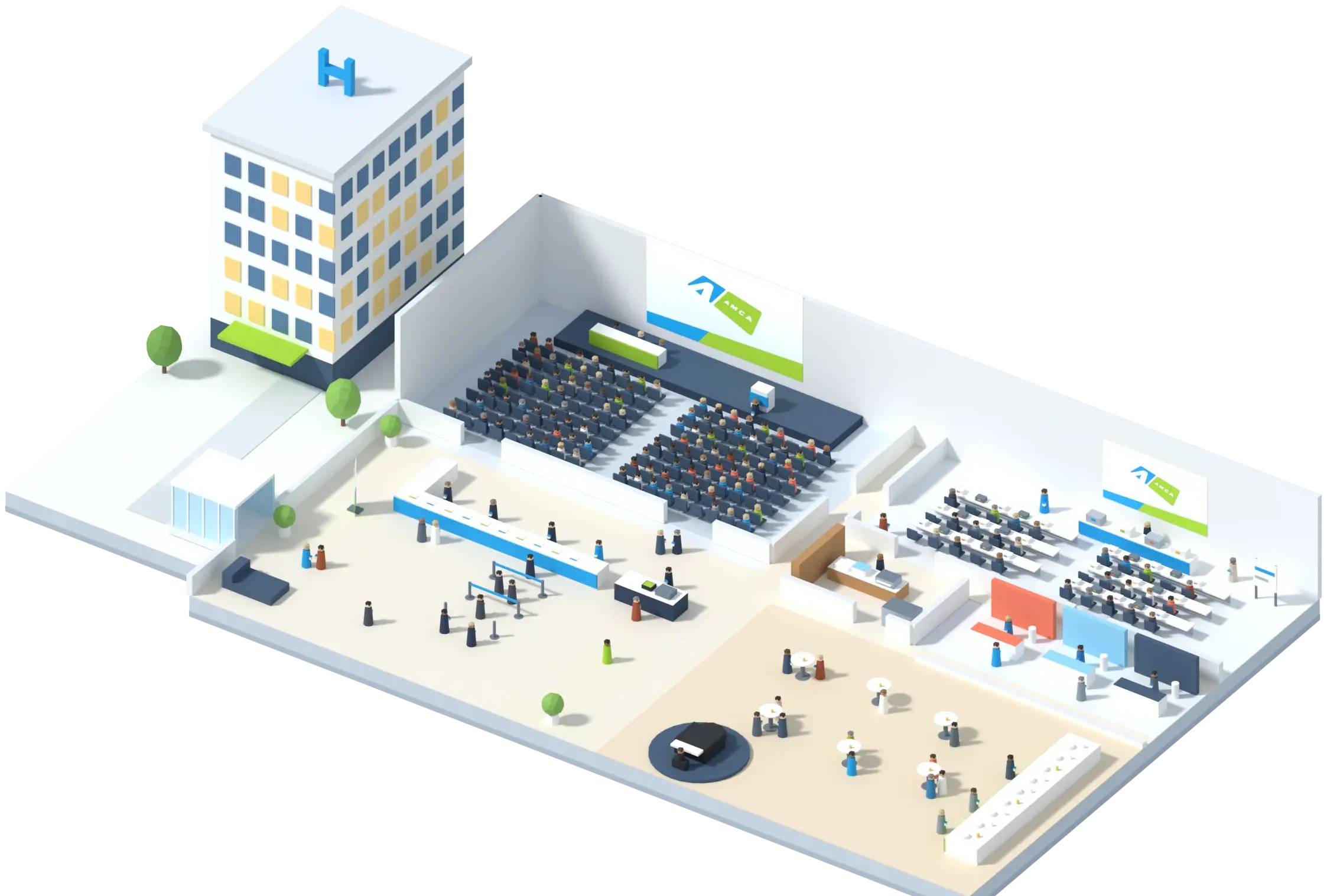 3D model of a congress venue made in Blender: the registration desk with a cash desk, the plenary hall, a workshop room, the secretariat, catering with a piano and the congress hotel